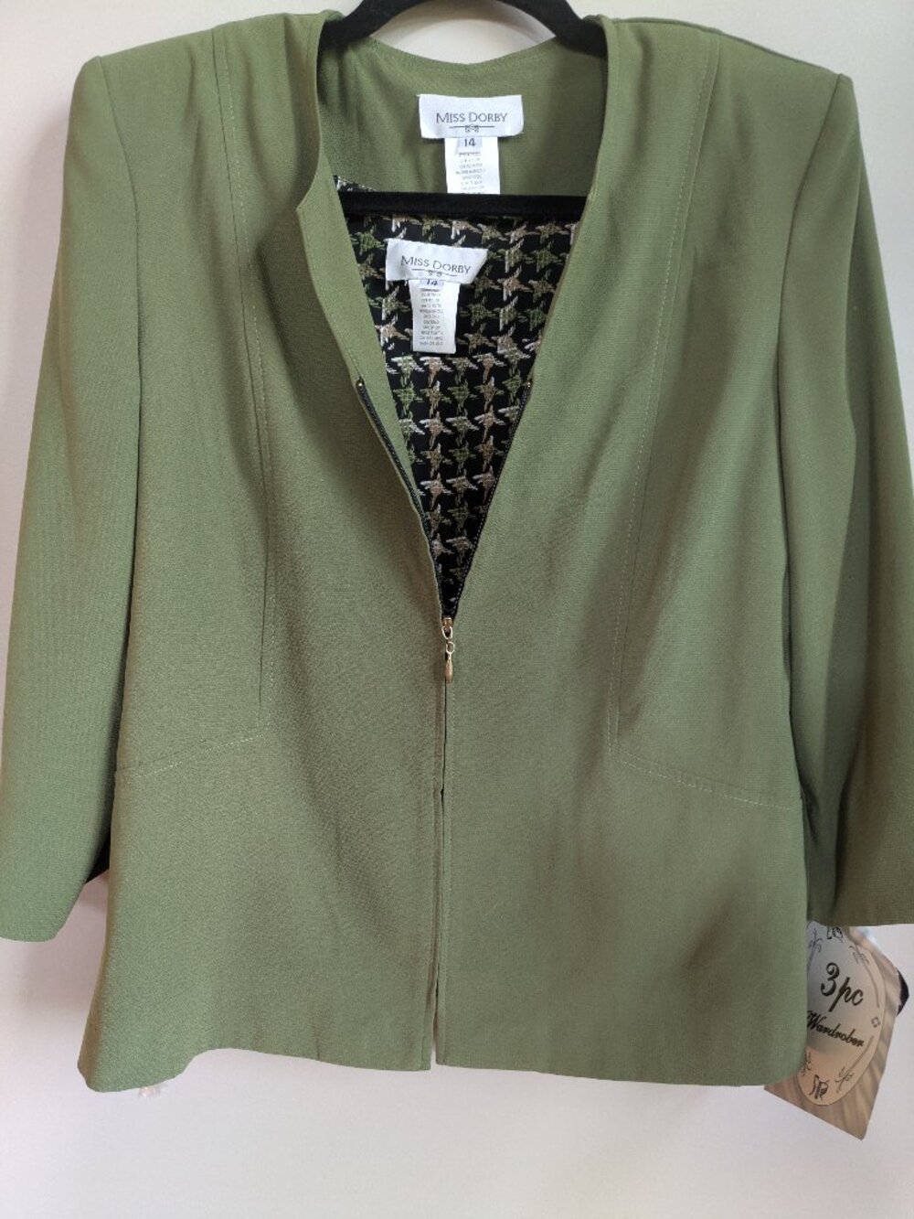 Miss Dorby 3 peice pant set green zip up coat green black camisole size 14 #255